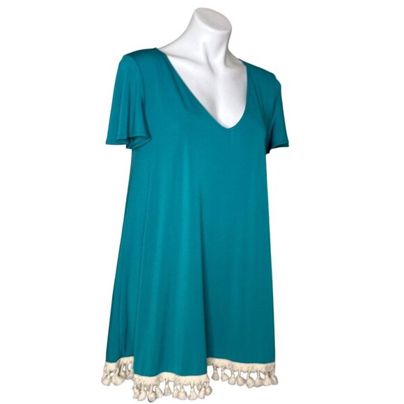 Judith March Green Tassel Mini Dress/Tunic, Short Sleeves Women's Size M - Picture 2 of 8